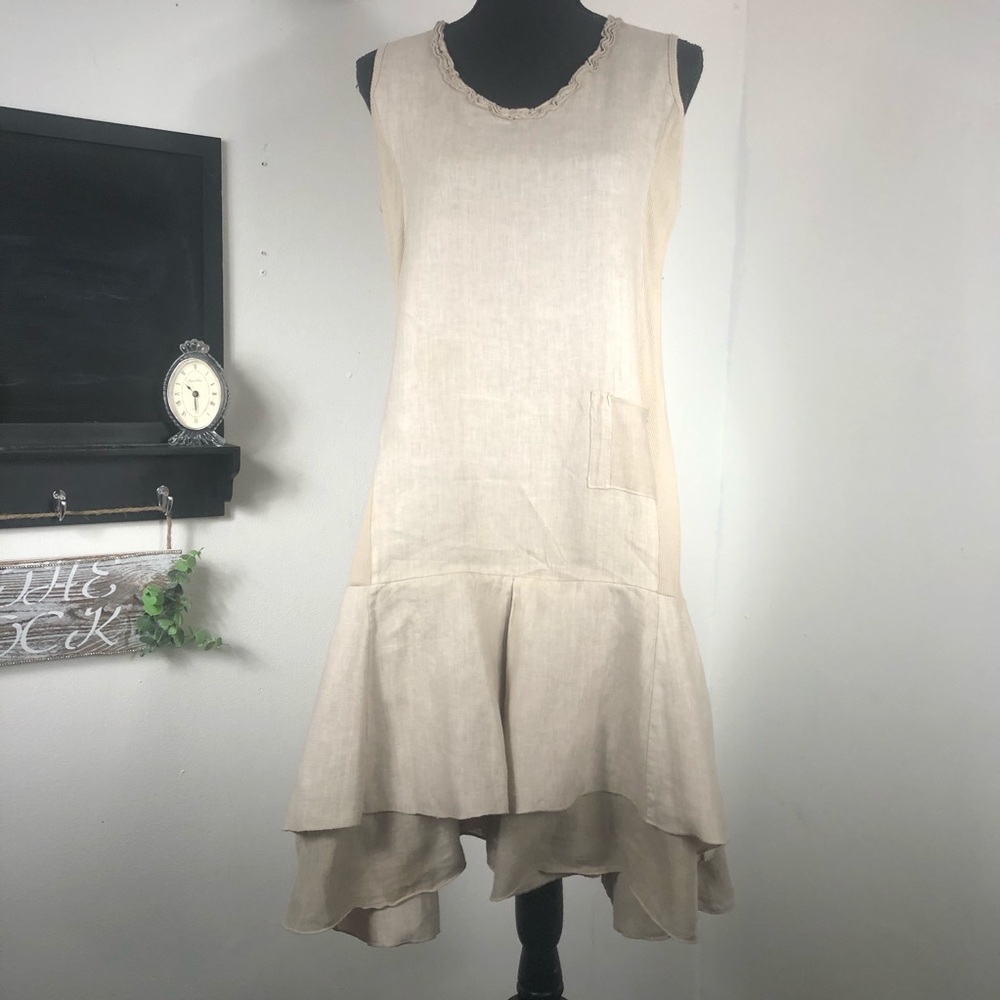 Luna Luz Linen Sleeveless Beige Midi Dress with Ruffled Hem - Size Small